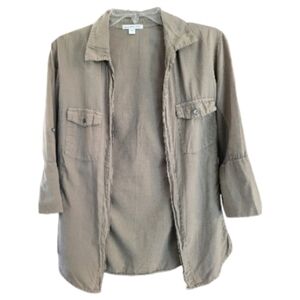 James Perse Women's Khaki Open Front Contrast Ribbed Surplus Shirt - Size 3